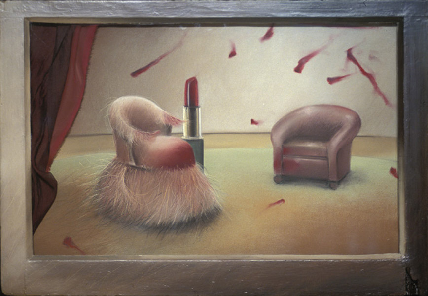 RUBY RED IN THE REC ROOM pastel on paper, fabric behind a window, 21 x 31”, 2005